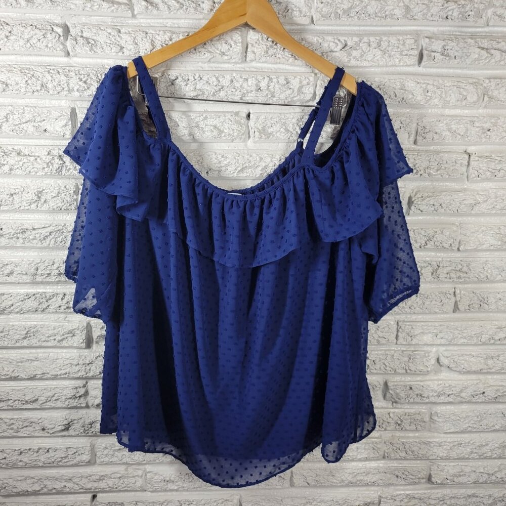 Boutique Womens Plus 1X Blue Swiss Dot Blouse Cold Shoulder Spaghetti BLU193E